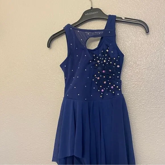 Weissman Balera solo custom dance costume blue Asymmetrical Mesh Dress D9723 IC Weissman Balera solo custom dance costume blue Asymmetrical Mesh Dress D9723 IC